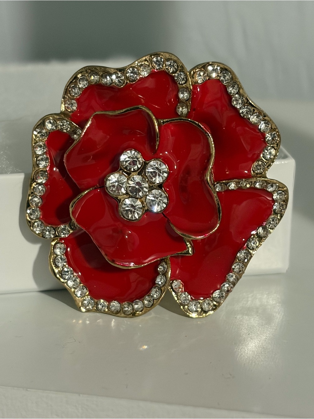 Red Enamel Floral Brooch with Crystal Accents - Picture 4 of 6